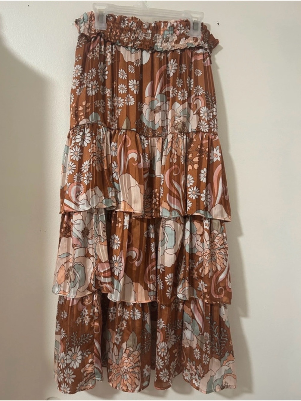 Smocked Waist Floral Tiered Maxi Skirt - Brown Floral